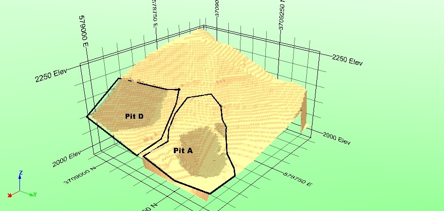 وضعیت نهایی معدن برای پیت‌های A و D با شیب 45 درجه
